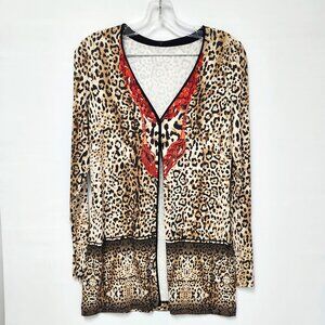 Riani Women's Brown Leopard Print Long Sleeved V-Neck Button-Up Cardigan Size 6